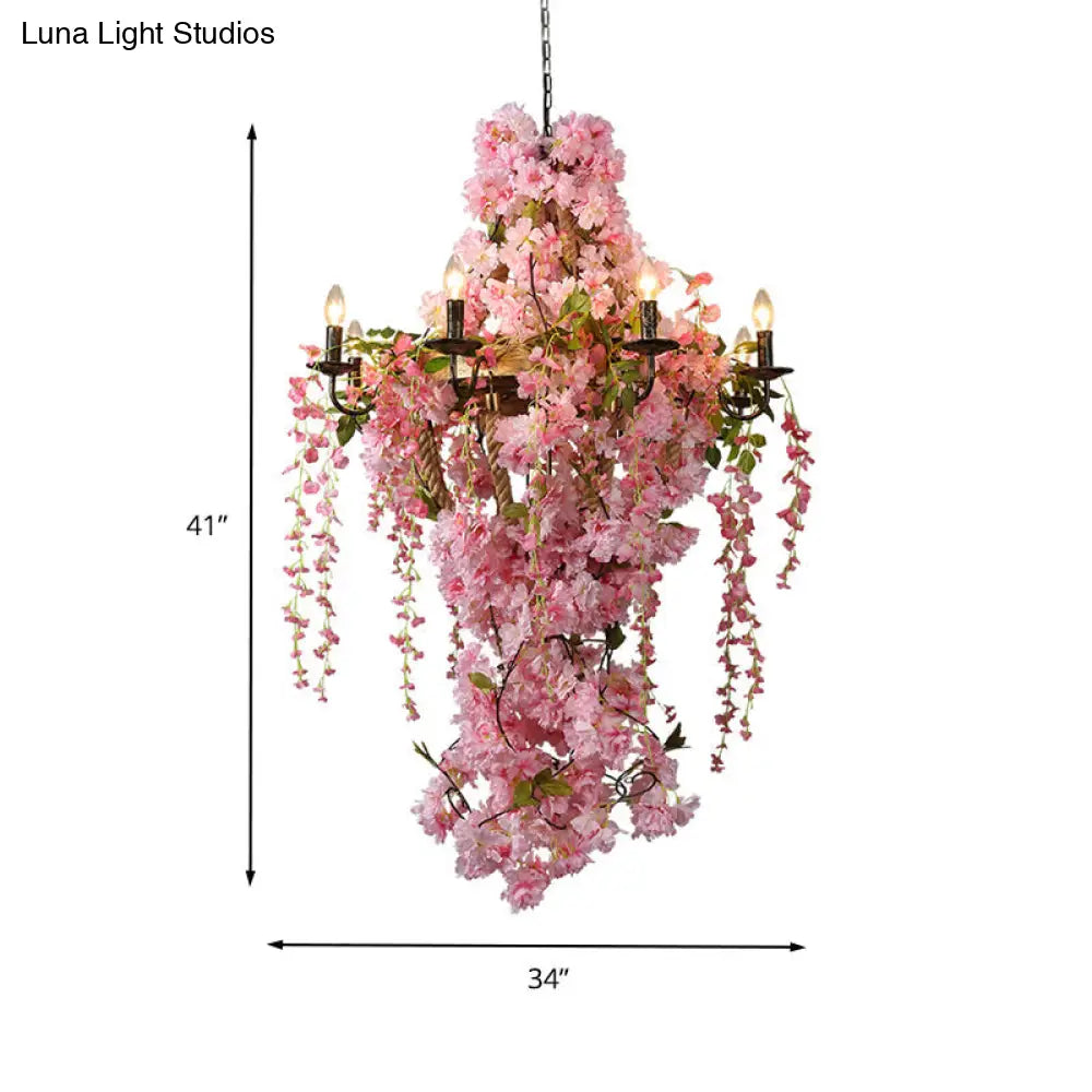 Pink Led Flower Candlestick Chandelier: Industrial Metal Hanging Lamp With 6/8 Bulbs