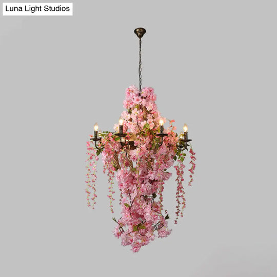 Industrial Metal Chandelier With Pink Led Flower Design - Candlestick Restaurant Light 6/8 Bulbs