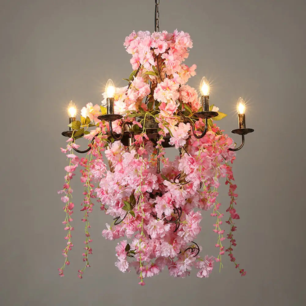 Industrial Metal Chandelier With Pink Led Flower Design - Candlestick Restaurant Light 6/8 Bulbs 8 /