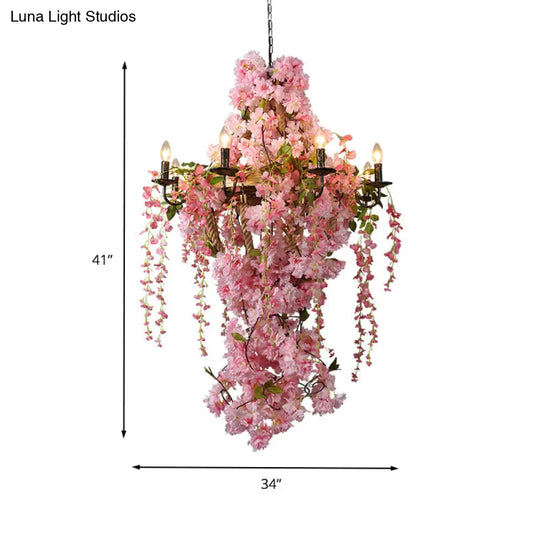 Industrial Metal Chandelier With Pink Led Flower Design - Candlestick Restaurant Light 6/8 Bulbs