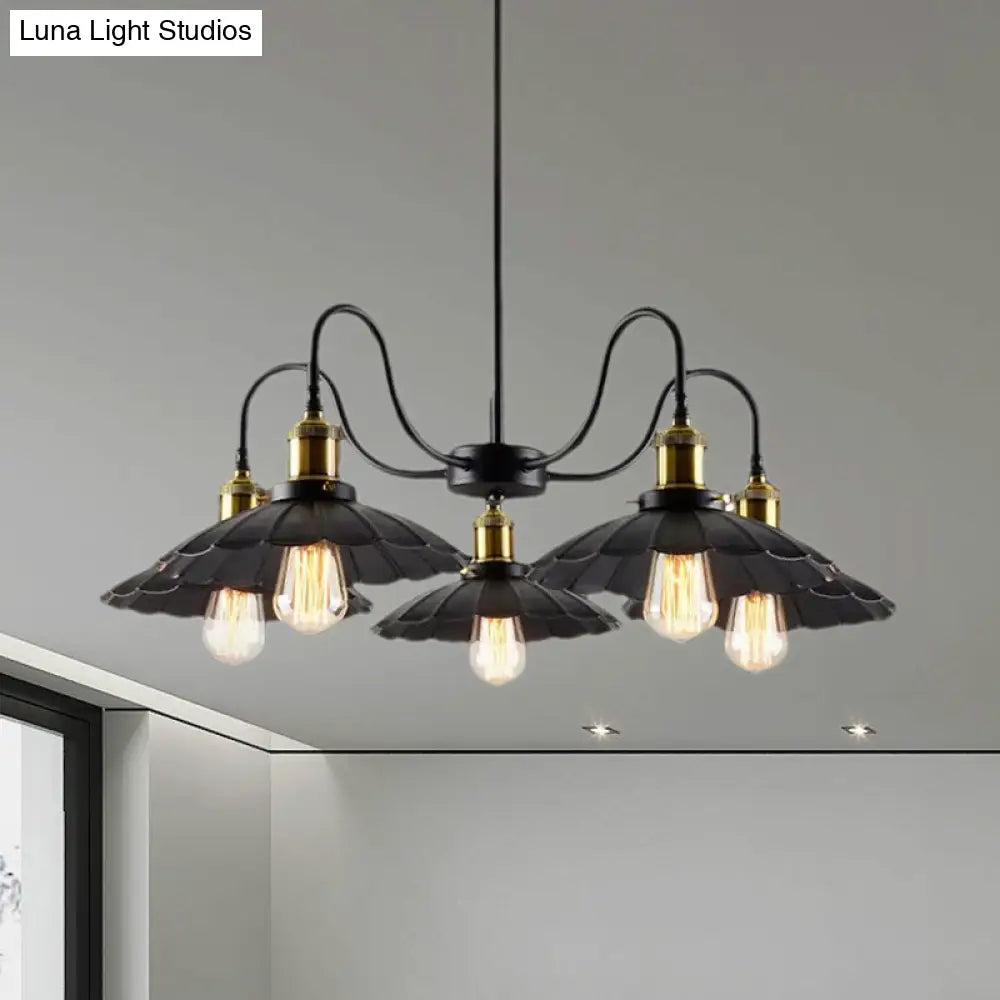 Industrial Metal Chandelier With Scalloped Design - Black Finish 5 Heads Indoor Pendant Lighting