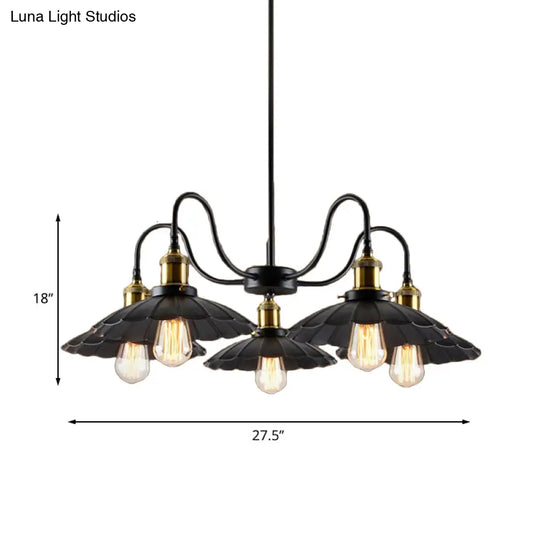 Industrial Metal Chandelier With Scalloped Design - Black Finish 5 Heads Indoor Pendant Lighting