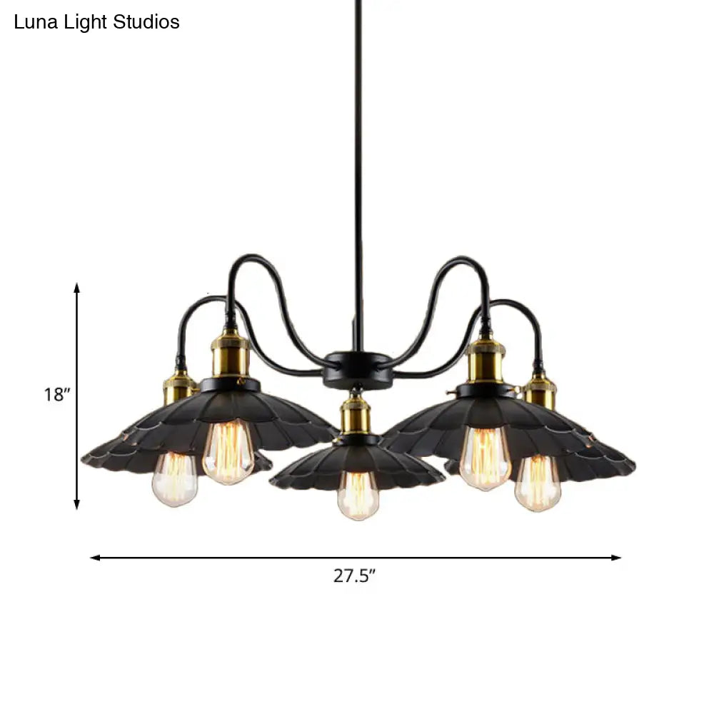 Black Scalloped Chandelier Light: Industrial Metal Pendant With 5 Heads +