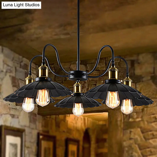 Black Scalloped Chandelier Light: Industrial Metal Pendant With 5 Heads +