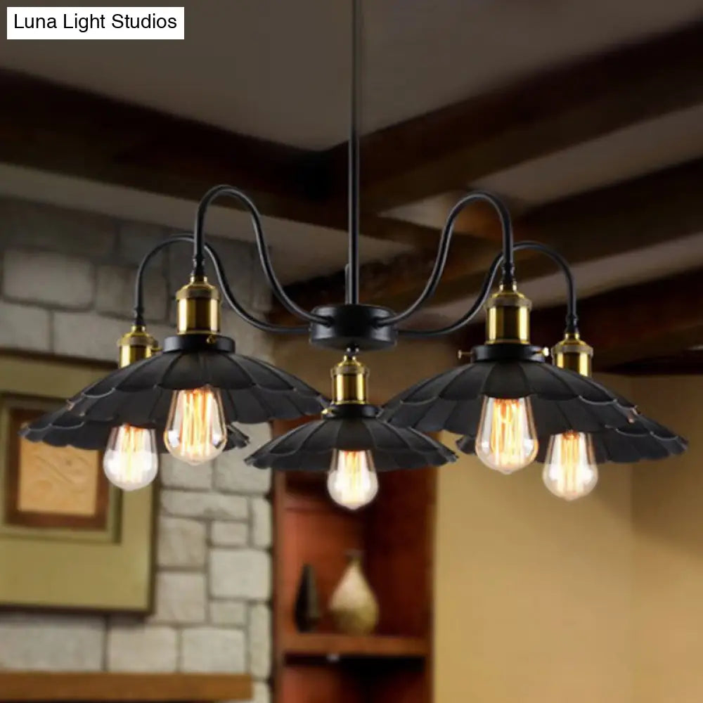 Black Scalloped Chandelier Light: Industrial Metal Pendant With 5 Heads +