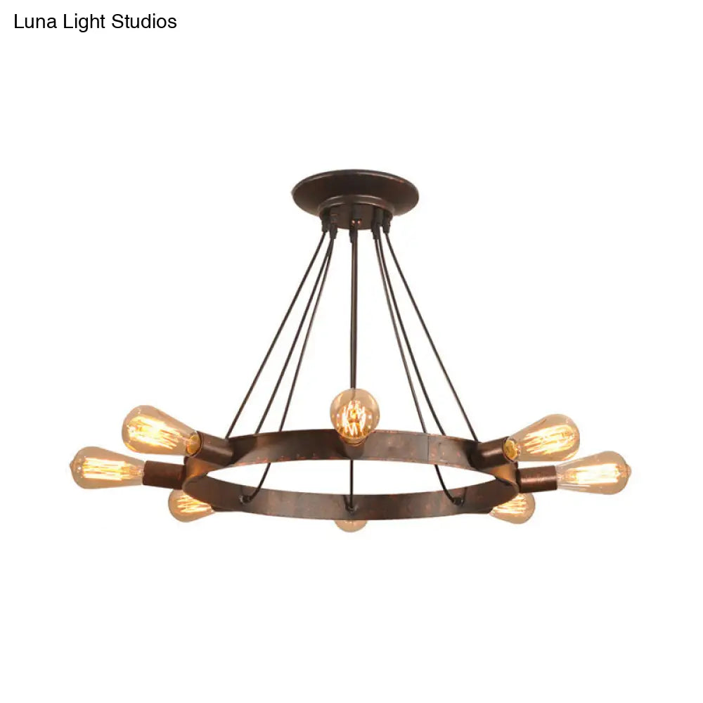 Industrial Metal Exposed Bulb Chandelier Lamp With Circle Design - Brown 8 Bulbs