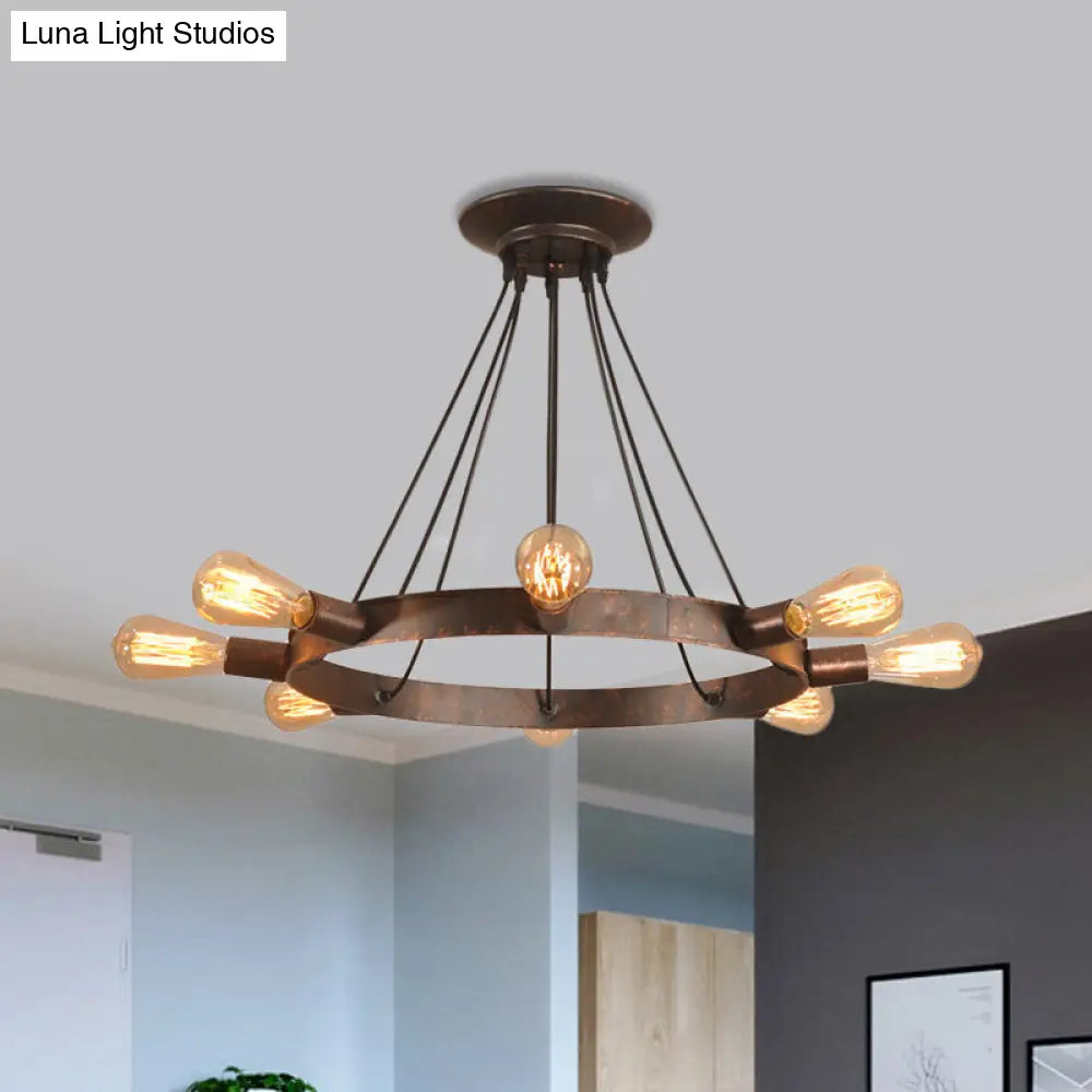 Industrial Metal Exposed Bulb Chandelier Lamp With Circle Design - Brown 8 Bulbs