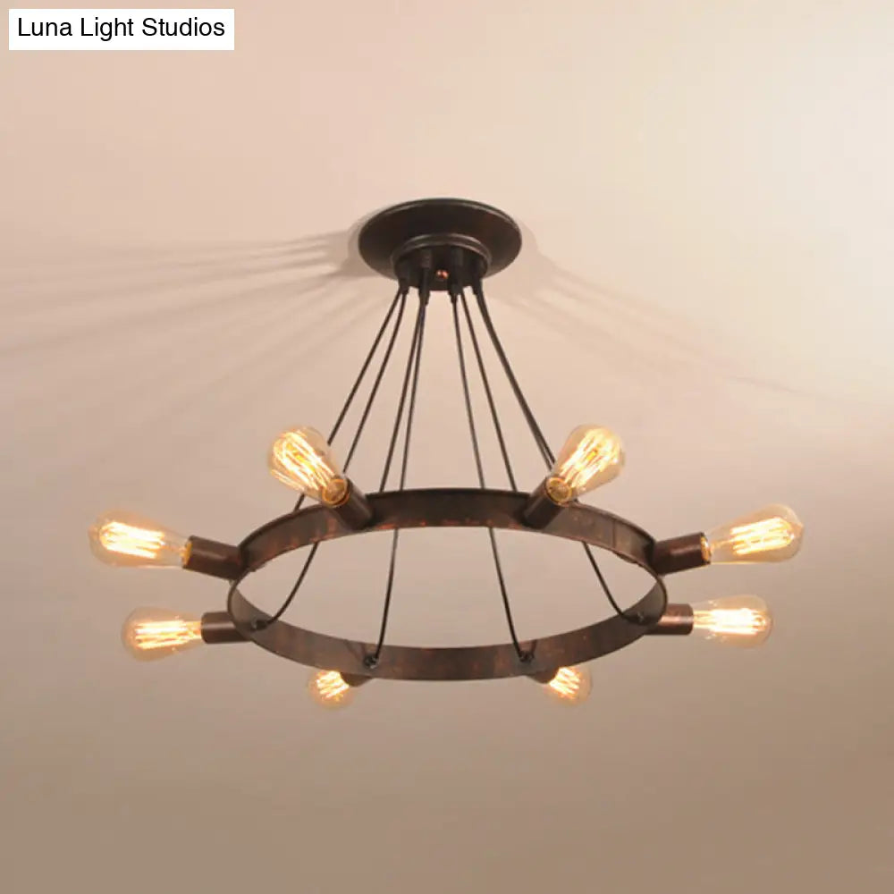 Industrial Metal Circle Design 8-Bulb Chandelier Pendant Light With Exposed Bulbs Brown