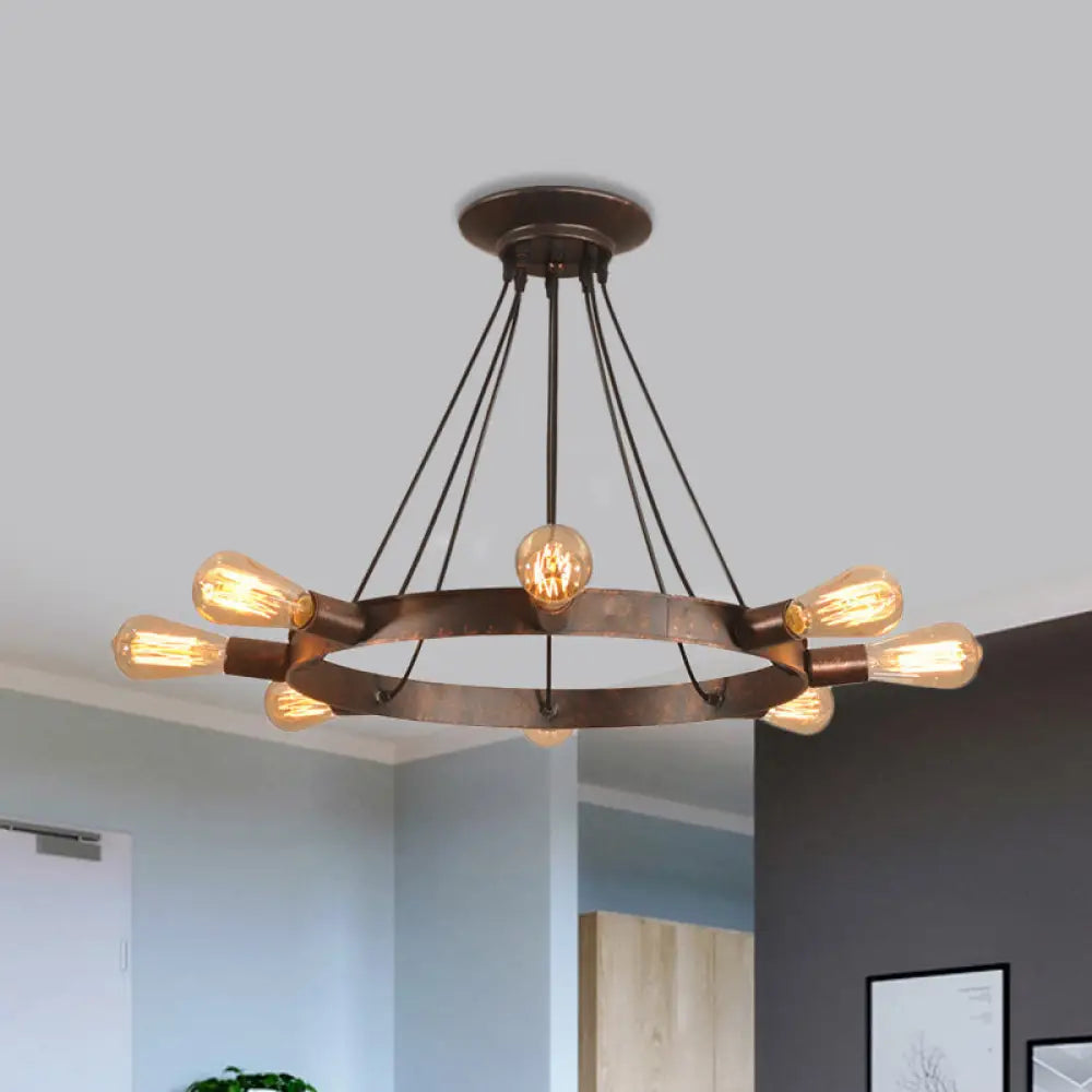 Industrial Metal Circle Design 8-Bulb Chandelier Pendant Light With Exposed Bulbs Brown