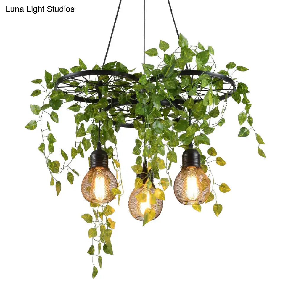 21.5/35.5 Metal Cluster Pendant Warehouse Black Wheel And Orb Cage Hanging Lamp With Green Vine For