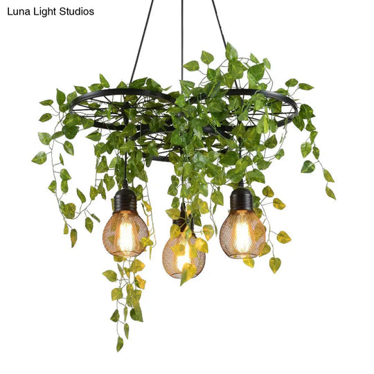 21.5/35.5 Metal Cluster Pendant Warehouse Black Wheel And Orb Cage Hanging Lamp With Green Vine For