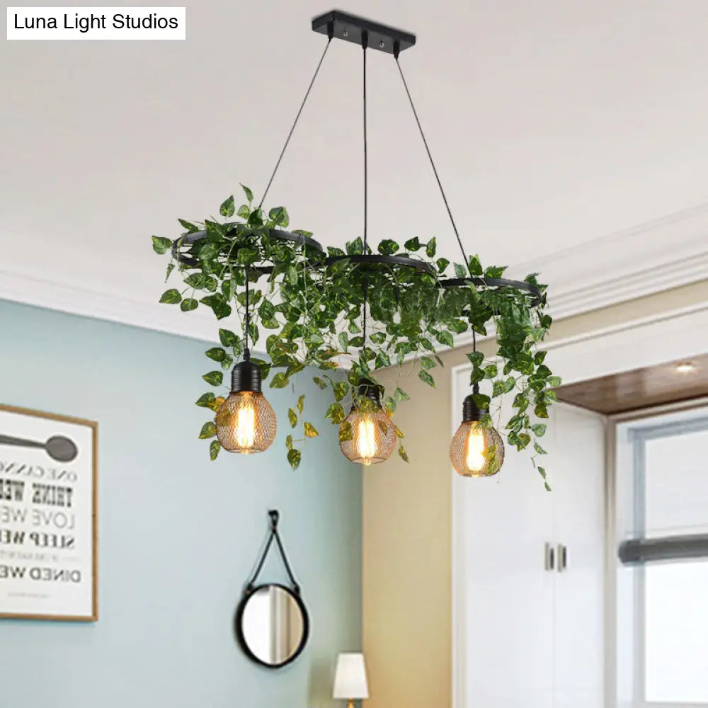 21.5/35.5 Metal Cluster Pendant Warehouse Black Wheel And Orb Cage Hanging Lamp With Green Vine For