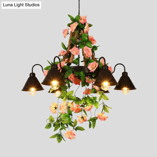 Industrial Metal Cone Chandelier Pendant Lamp With Led Lights And Flower Decoration For Restaurants