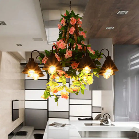 Industrial Metal Cone Chandelier - 6/8 Lights Black With Flower Decoration Led Ceiling Pendant For