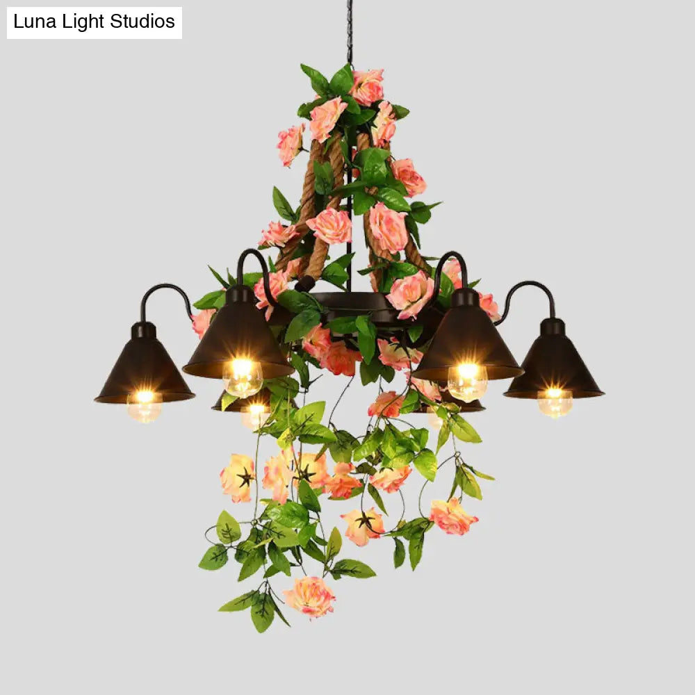 Industrial Metal Cone Chandelier - 6/8 Lights Black With Flower Decoration Led Ceiling Pendant For