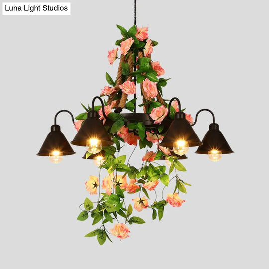 Industrial Metal Cone Chandelier - 6/8 Lights Black With Flower Decoration Led Ceiling Pendant For