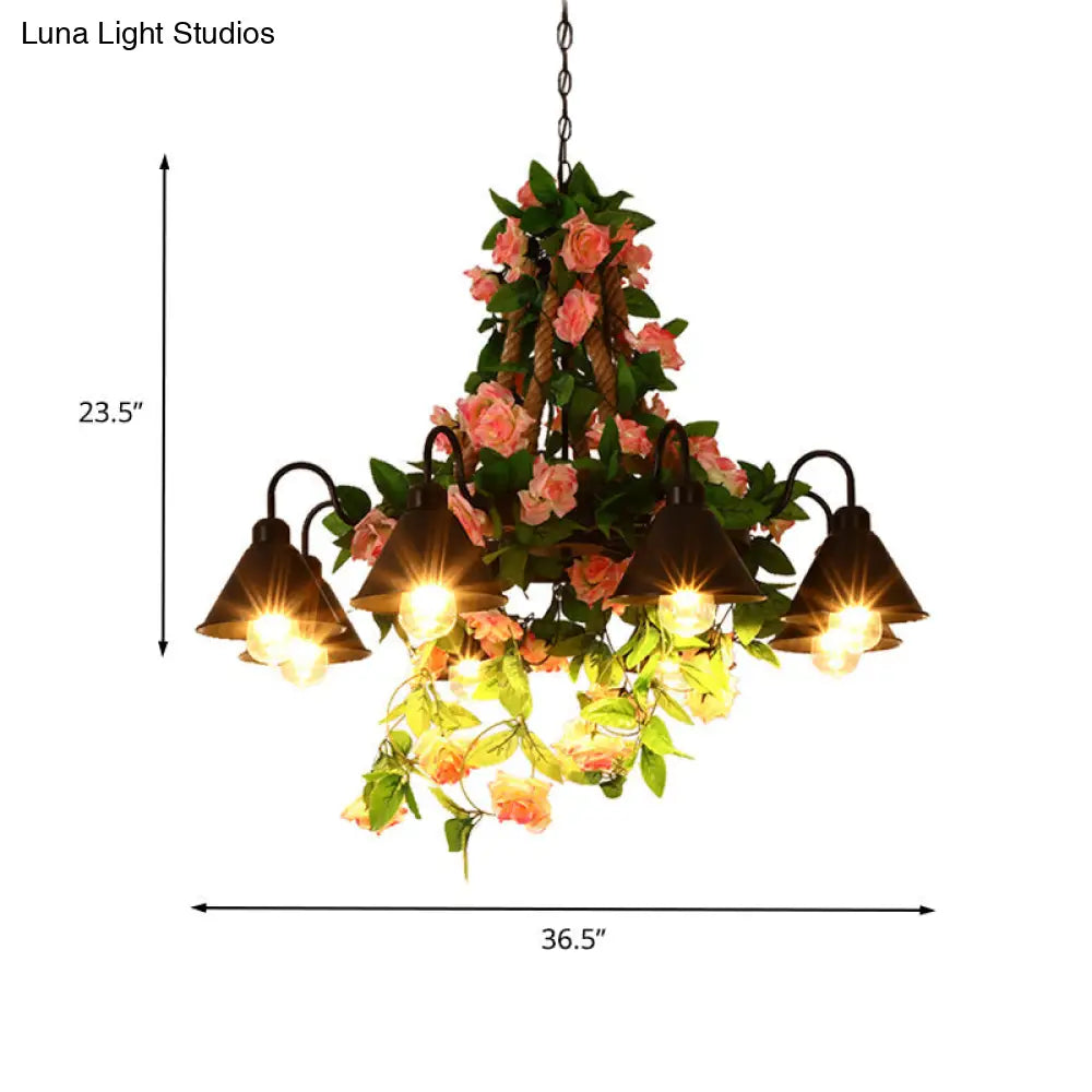 Industrial Metal Cone Chandelier Pendant Lamp With Led Lights And Flower Decoration For Restaurants