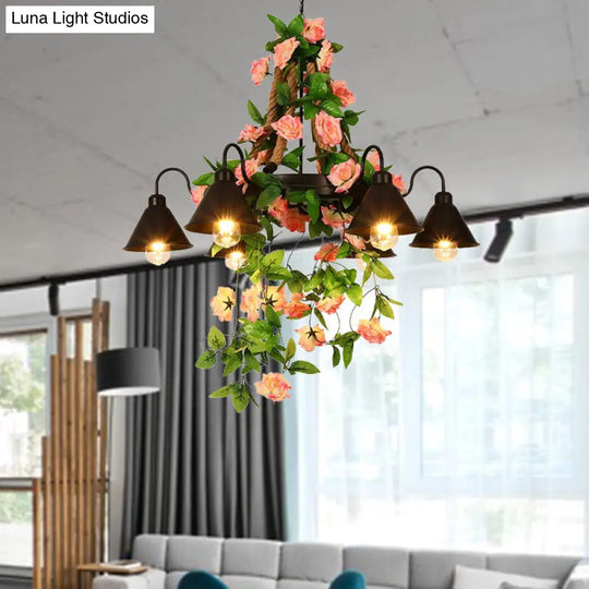 Industrial Metal Cone Chandelier Pendant Lamp With Led Lights And Flower Decoration For Restaurants