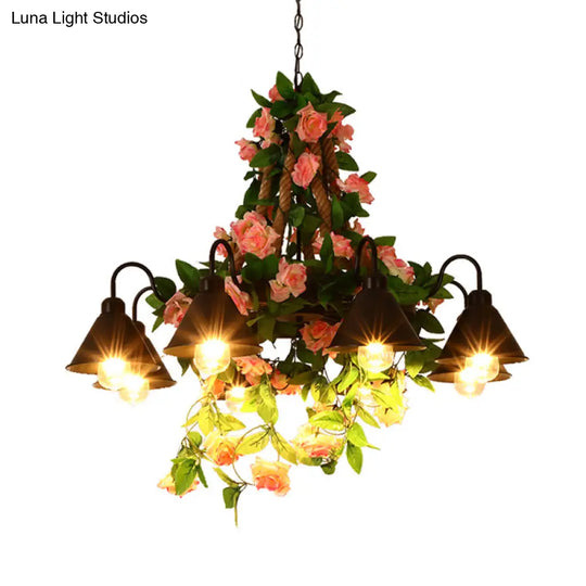 Industrial Metal Cone Chandelier - 6/8 Lights Black With Flower Decoration Led Ceiling Pendant For