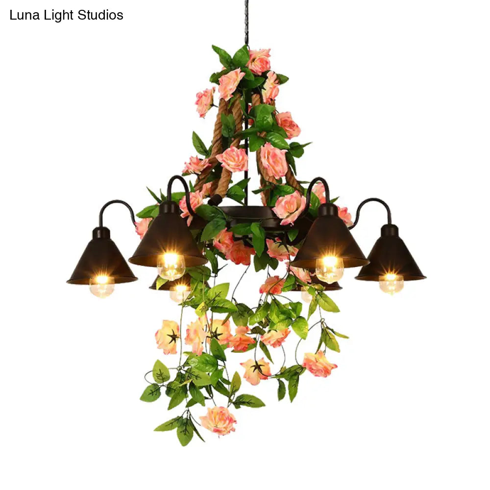 Industrial Metal Cone Chandelier - 6/8 Lights Black With Flower Decoration Led Ceiling Pendant For