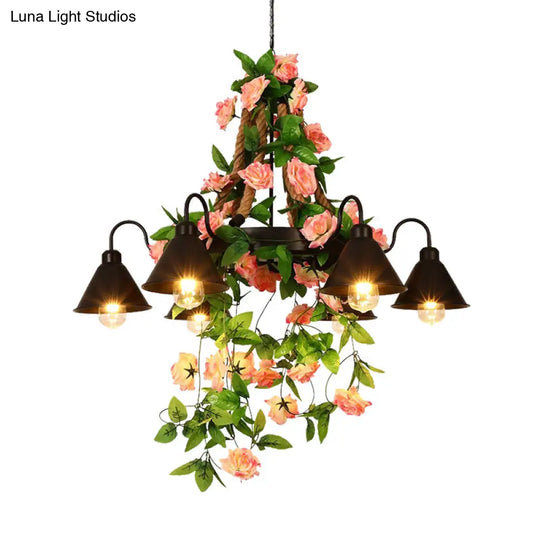 Industrial Metal Cone Chandelier - 6/8 Lights Black With Flower Decoration Led Ceiling Pendant For