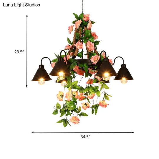 Industrial Metal Cone Chandelier Pendant Lamp With Led Lights And Flower Decoration For Restaurants