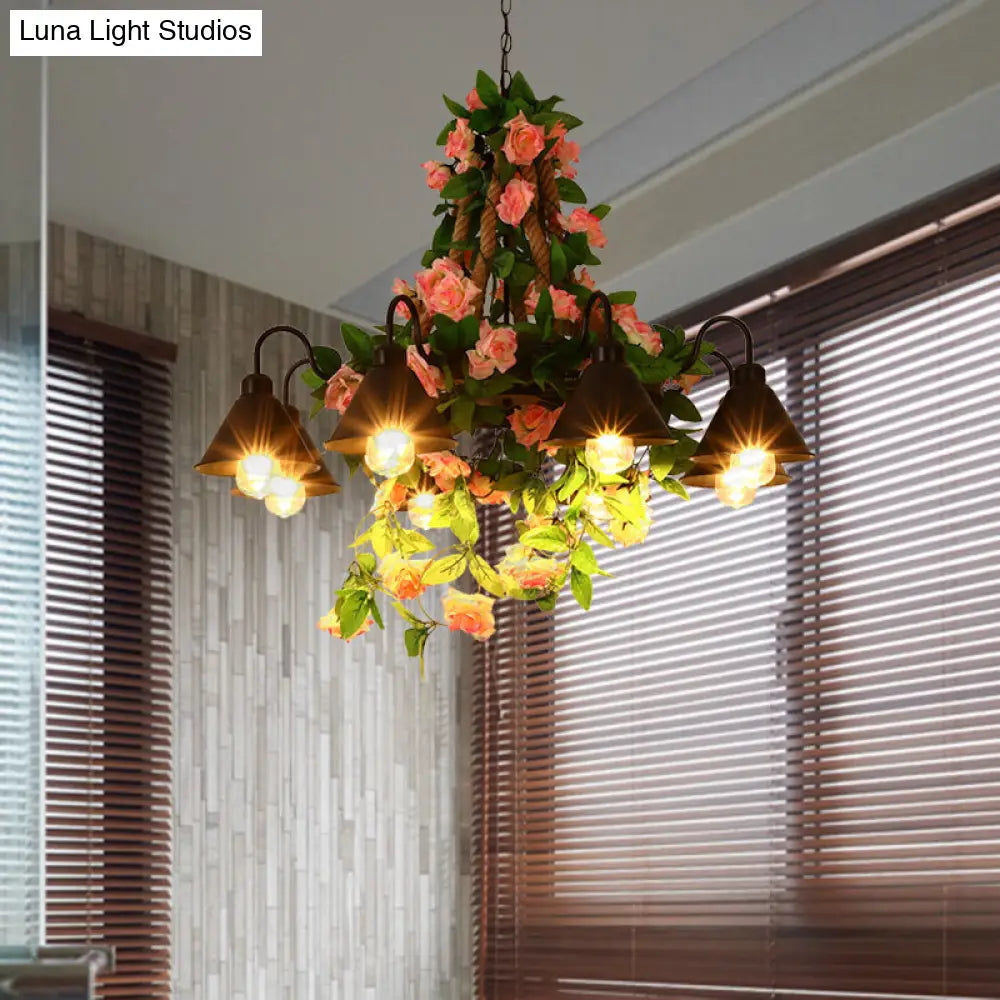 Industrial Metal Cone Chandelier Pendant Lamp With Led Lights And Flower Decoration For Restaurants