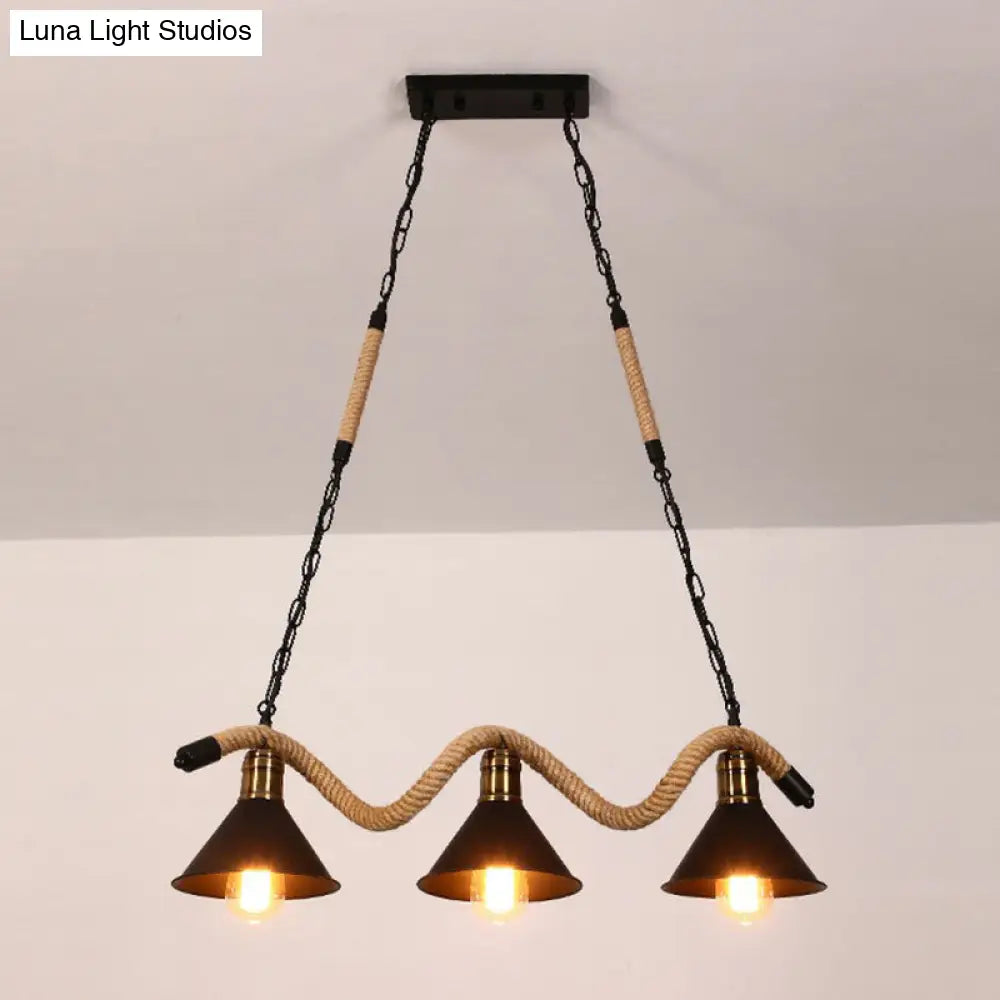 Industrial Metal Cone Island Pendant Light - Matte Black Finish With Twisted Rope Detailing