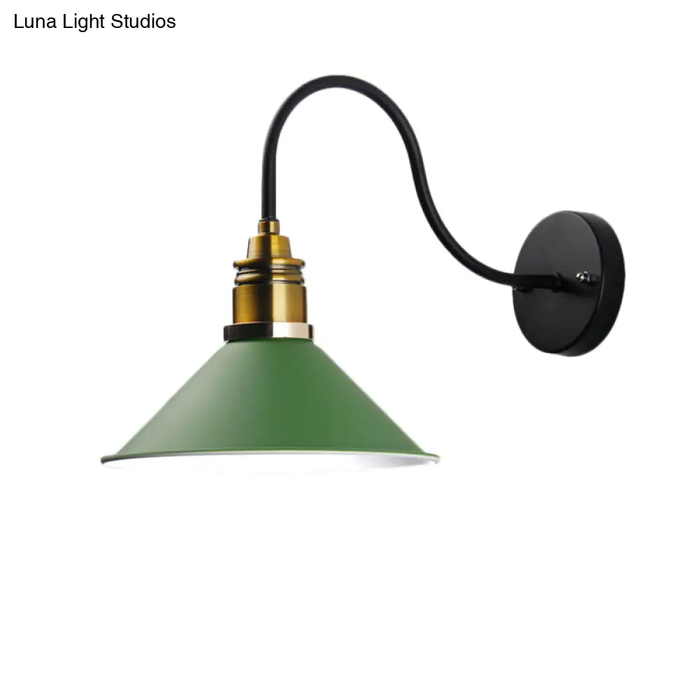 Industrial Metal Cone Pendant Light - Bronze/Black/White Hanging Lamp With Curved Arm