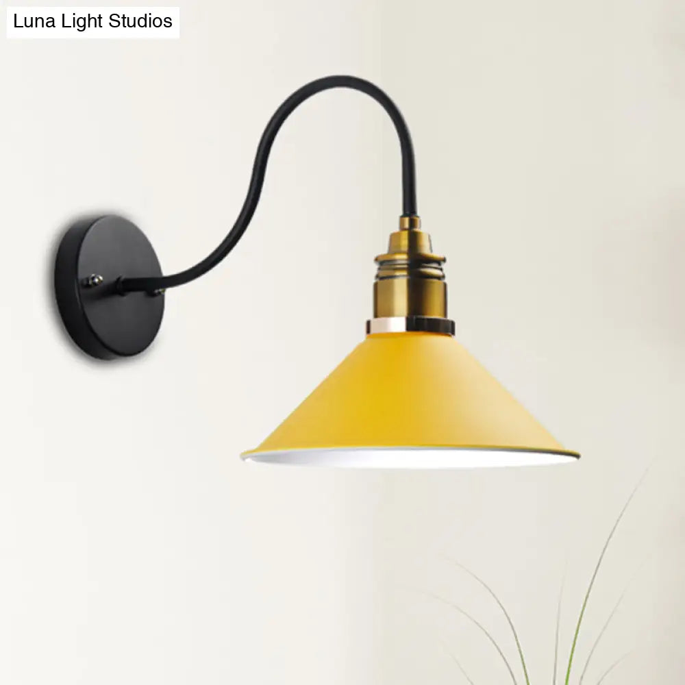 Industrial Metal Cone Pendant Light - Bronze/Black/White Hanging Lamp With Curved Arm