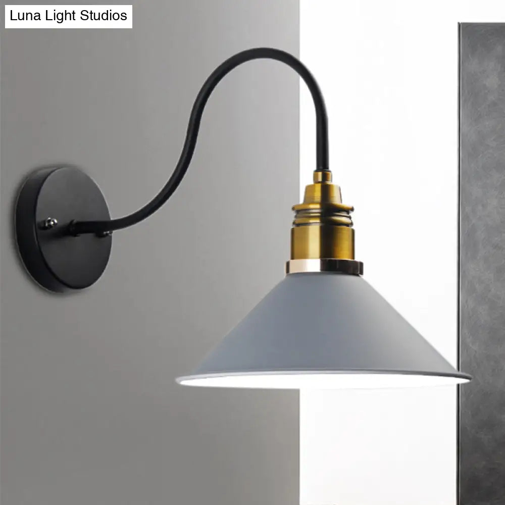 Industrial Metal Cone Pendant Light - Bronze/Black/White Hanging Lamp With Curved Arm