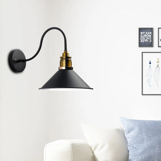 Industrial Metal Cone Pendant Light - Bronze/Black/White Hanging Lamp With Curved Arm Black