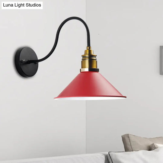 Industrial Metal Cone Pendant Light - Bronze/Black/White Hanging Lamp With Curved Arm