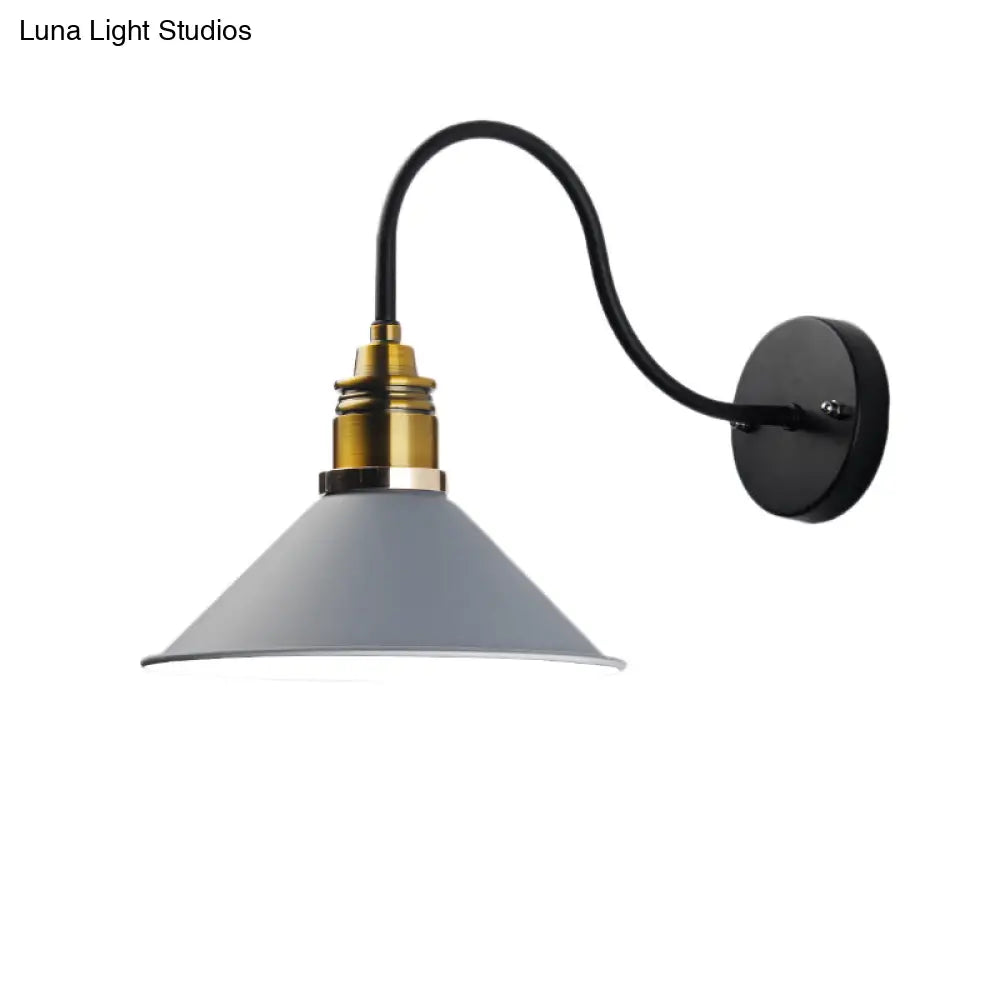 Industrial Metal Cone Pendant Light - Bronze/Black/White Hanging Lamp With Curved Arm