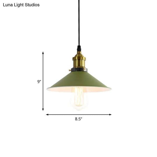 Industrial Metal Cone Pendant Light With Green/Grey Shade For Restaurants - 1-Light Hanging Lamp