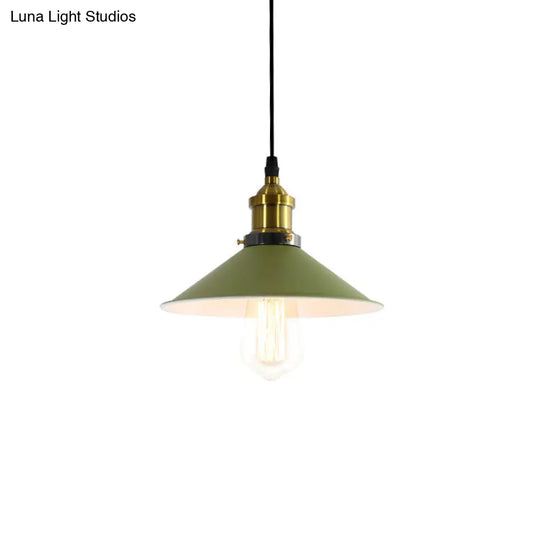 Industrial Metal Cone Pendant Light With Green/Grey Shade For Restaurants - 1-Light Hanging Lamp