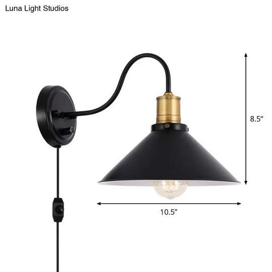 Industrial Metal Cone Wall Mount Light With Gooseneck - Black 1/2-Bulb Door Side Optional Plug