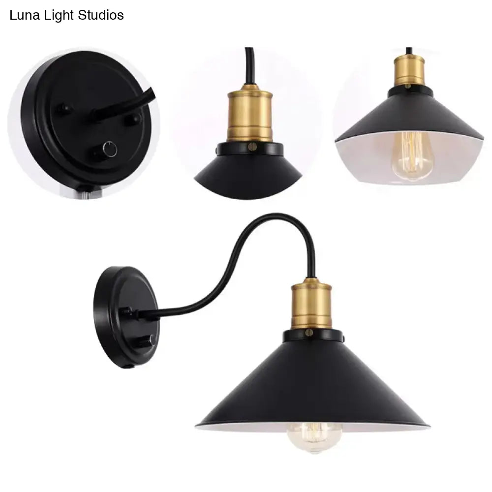 Industrial Metal Cone Wall Mount Light With Gooseneck - Black 1/2-Bulb Door Side Optional Plug