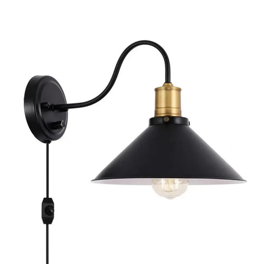 Industrial Metal Cone Wall Mount Light With Gooseneck - Black 1/2-Bulb Door Side Optional Plug 1 / A