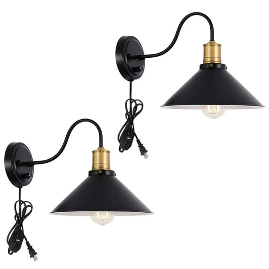 Industrial Metal Cone Wall Mount Light With Gooseneck - Black 1/2-Bulb Door Side Optional Plug 2 / A