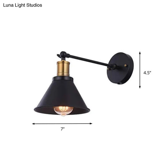 Industrial Metal Cone Wall Sconce Light Fixture For Bedroom - Black 1-Light