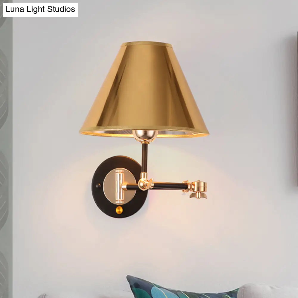 Industrial Metal Cone Wall Sconce With Swing Arm For Stylish Bedroom Lighting In Gold