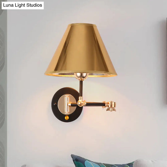 Industrial Metal Cone Wall Sconce With Swing Arm For Stylish Bedroom Lighting In Gold