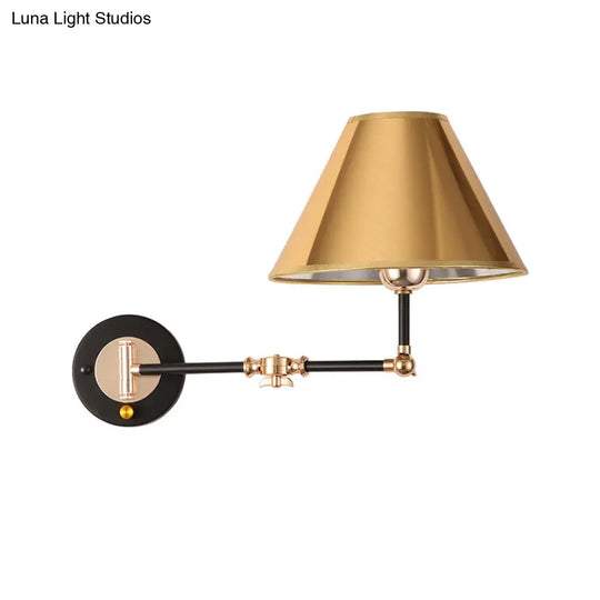 Industrial Metal Cone Wall Sconce With Swing Arm For Stylish Bedroom Lighting In Gold