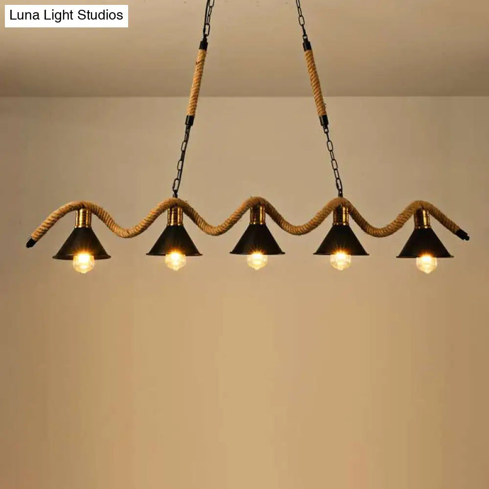 Industrial Metal Conical Island Ceiling Light Bar Pendant With Wavy Hemp Rope - Black