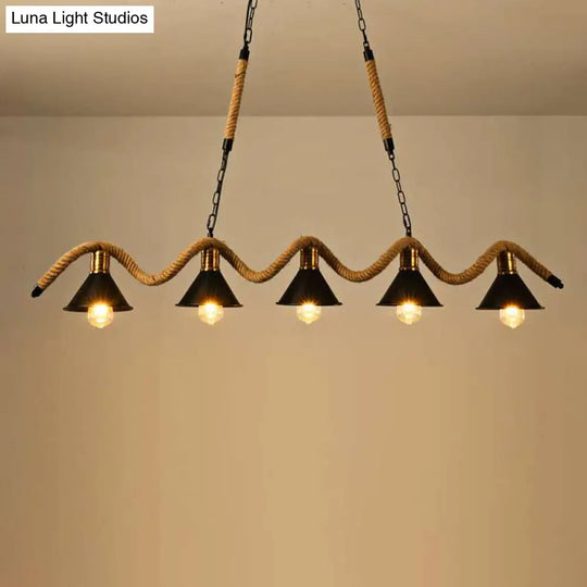 Industrial Metal Conical Island Ceiling Light Bar Pendant With Wavy Hemp Rope - Black