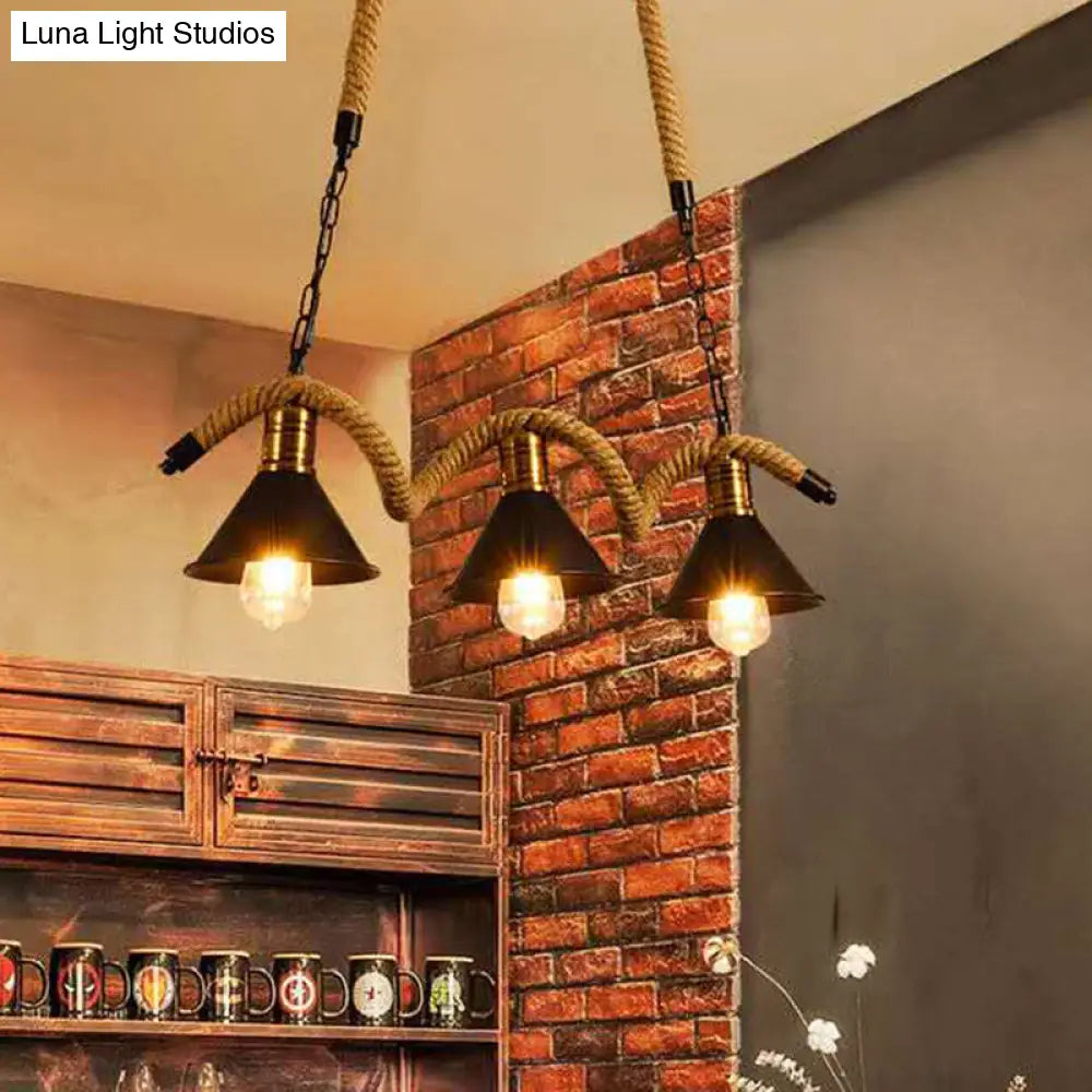 Industrial Metal Conical Island Ceiling Light Bar Pendant With Wavy Hemp Rope - Black