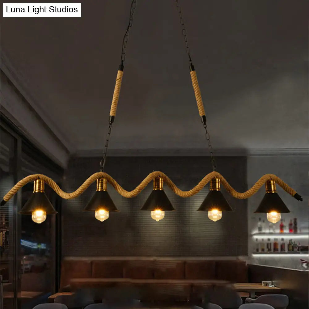 Industrial Metal Conical Island Ceiling Light Bar Pendant With Wavy Hemp Rope - Black