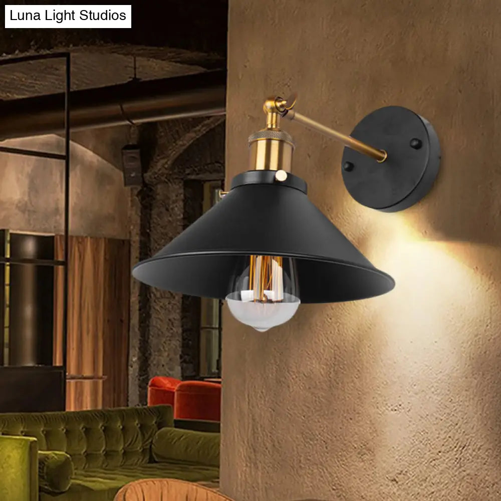 Industrial Metal Conical Wall Sconce Light - Black Finish 1 Bulb Mount Ideal For Restaurants