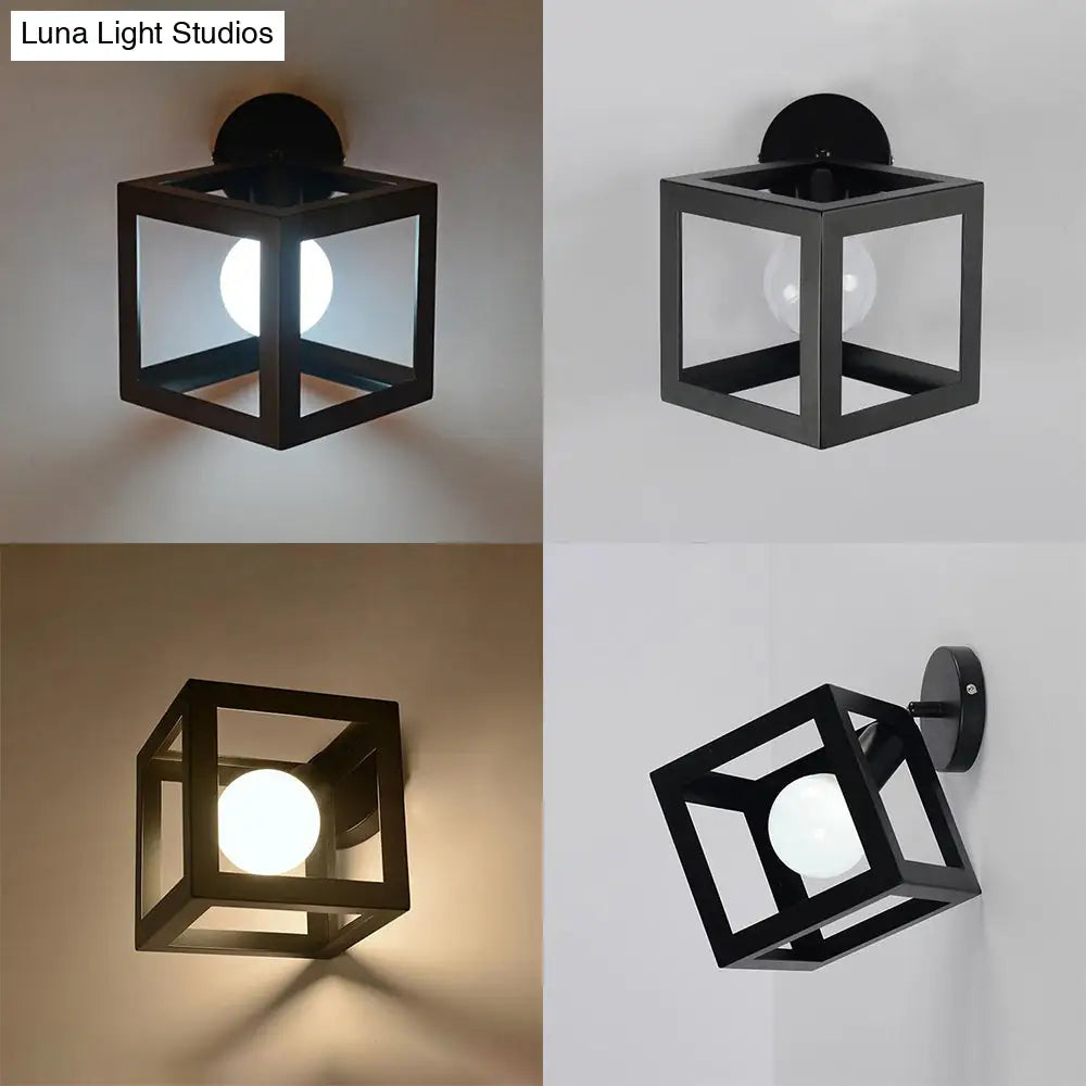 Industrial Metal Cubic Wall Light With Stylish Cage Shade - Black